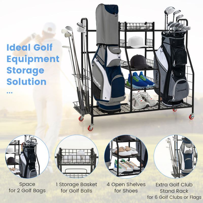 Double Golf Bag Rack with Removable Golf Club Stand and Wheels