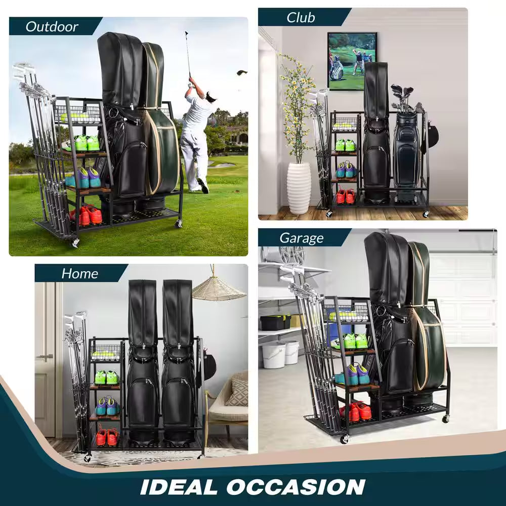Golf Bag Storage Garage Organizer Golf Bag Rack for 2 Golf Bags and Golf Equipment Accessories Golf Club Storage Stand