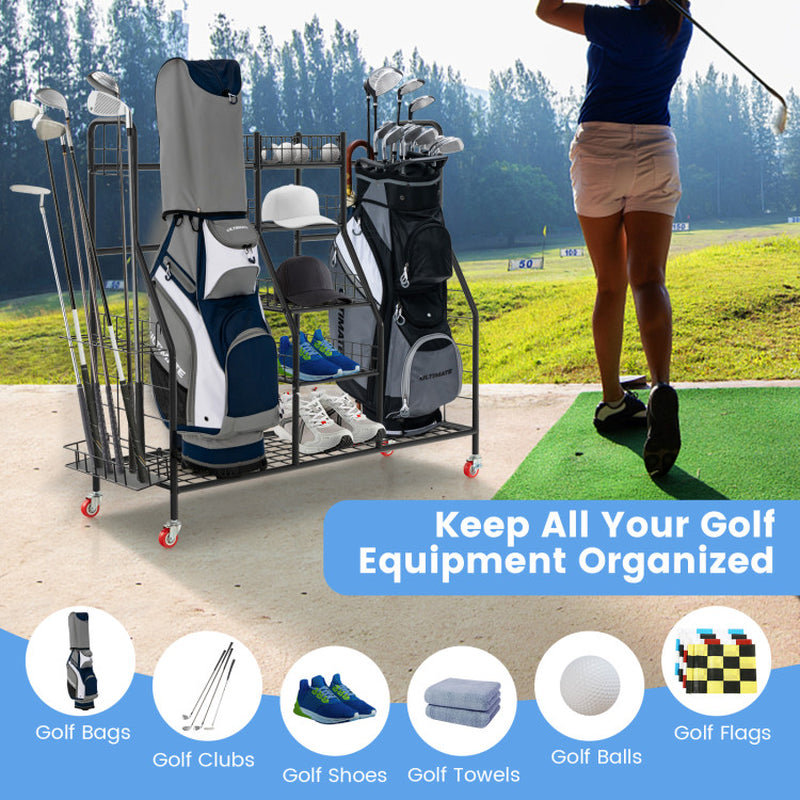 Double Golf Bag Rack with Removable Golf Club Stand and Wheels