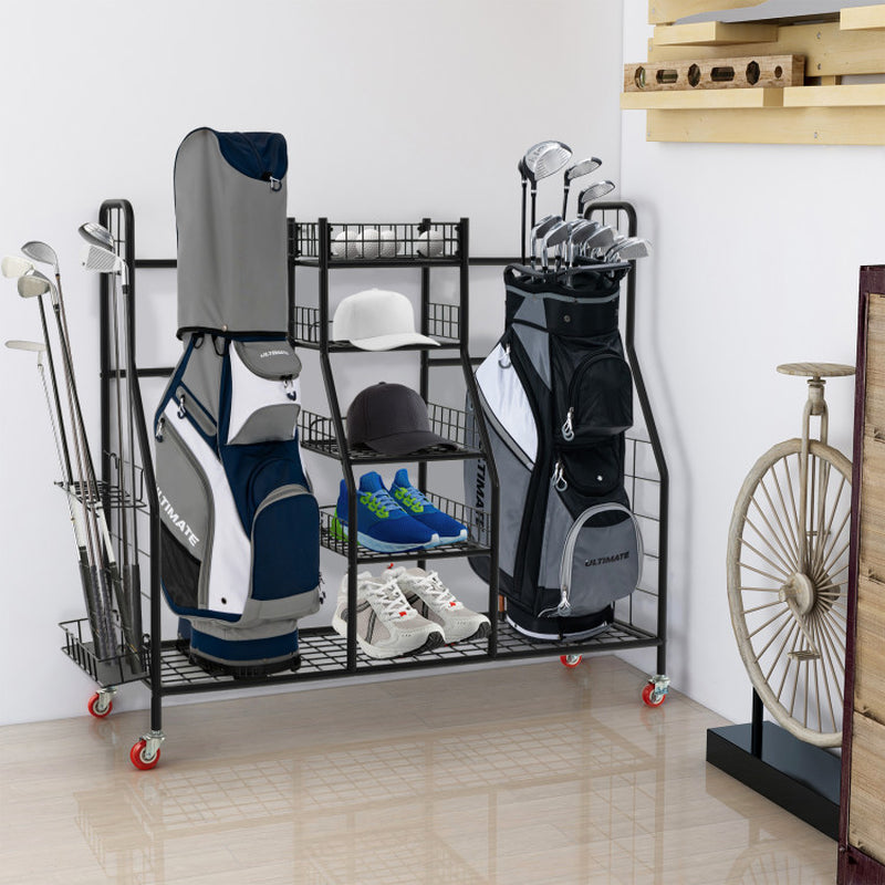 Double Golf Bag Rack with Removable Golf Club Stand and Wheels