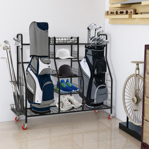 Double Golf Bag Rack with Removable Golf Club Stand and Wheels