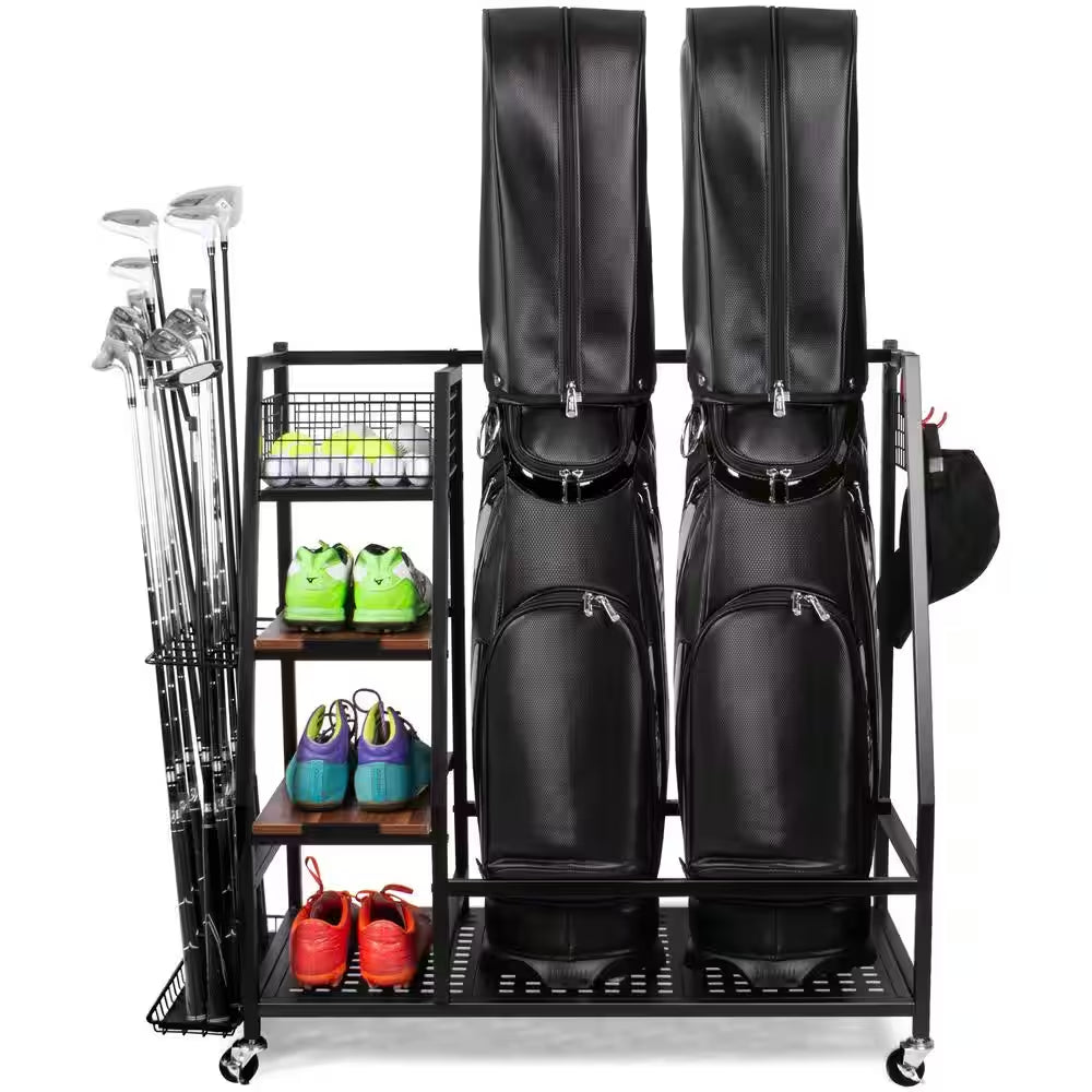 Golf Bag Storage Garage Organizer Golf Bag Rack for 2 Golf Bags and Golf Equipment Accessories Golf Club Storage Stand