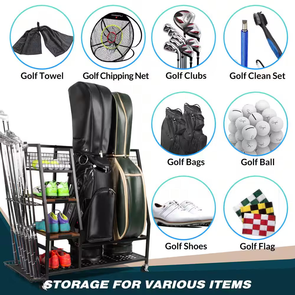 Golf Bag Storage Garage Organizer Golf Bag Rack for 2 Golf Bags and Golf Equipment Accessories Golf Club Storage Stand
