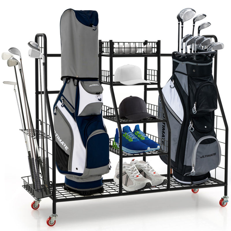 Double Golf Bag Rack with Removable Golf Club Stand and Wheels